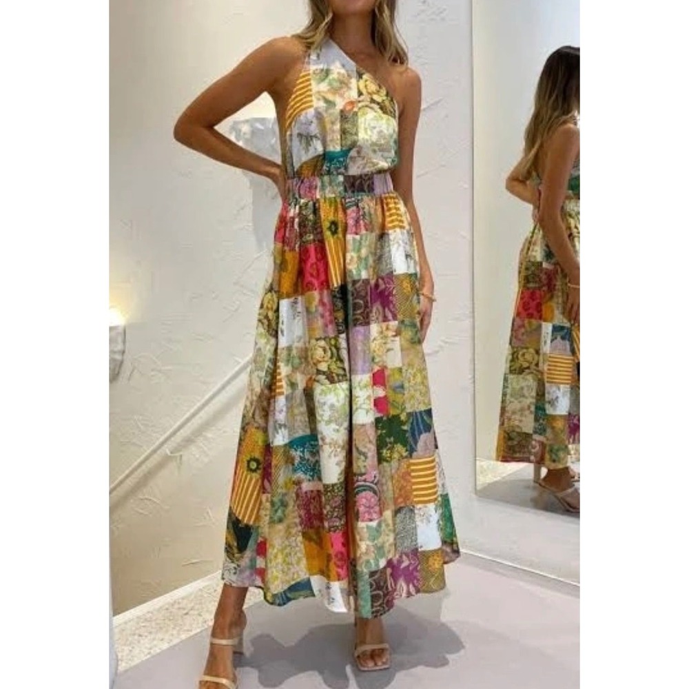 Alemais Hattie One Shoulder Patchwork Floral Silk Blend Midi/Maxi Dress Size 6